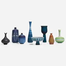 Collection of eight miniature vessels by Gunnar Nylund, c. 1950, glazed stoneware, sold Apr 2023