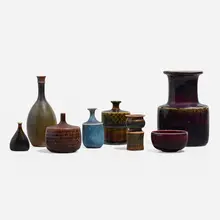 Collection of eight miniature vessels by Stig Lindberg, c. 1960, glazed stoneware, sold Apr 2023