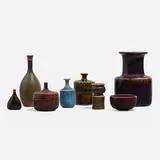 Collection of eight miniature vessels by Stig Lindberg, c. 1960, glazed stoneware, sold Apr 2023