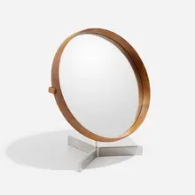 Table mirror by Uno and Osten Kristiansson, teak, aluminum, mirrored glass, sold Apr 2023