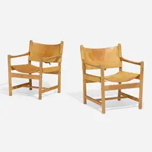 Armchairs, pair by Ditte Heath, c. 1960, oak, leather, brass, sold Apr 2023