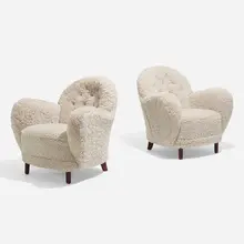 Lounge chairs, pair by Georg Kofoed, c. 1935, sheepskin, stained birch, sold Apr 2023
