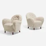 Lounge chairs, pair by Georg Kofoed, c. 1935, sheepskin, stained birch, sold Apr 2023