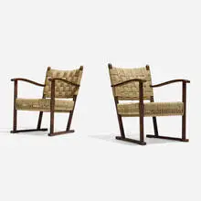 Armchairs, pair by Frits Schlegel, c. 1940, beech, jute, sold Apr 2023