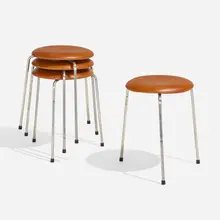 Dot stools, set of four by Arne Jacobsen, 1954, leather, chrome-plated steel, sold Apr 2023