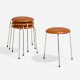 Dot stools, set of four by Arne Jacobsen, 1954, leather, chrome-plated steel, sold Apr 2023