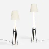 Floor lamps, pair by Svend Aage Holm-Sørensen, c. 1955, enameled steel, brass, linen, sold Apr 2023