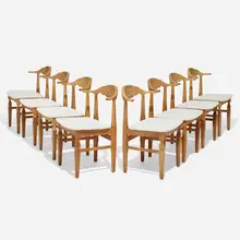 Dining chairs, set of eight by Henning Kjaernulf, c. 1965, oak, upholstery, sold Apr 2023