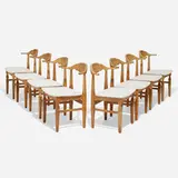 Dining chairs, set of eight by Henning Kjaernulf, c. 1965, oak, upholstery, sold Apr 2023
