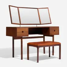 Vanity and stool by Kai Kristiansen, c. 1965, rosewood, leather, mirrored glass, chrome-plated steel, sold Apr 2023
