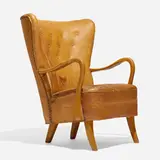 Lounge chair by Alfred Christensen, c. 1945, oak, leather, sold Apr 2023