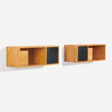 Wall-mounted cabinets, pair by Harbo Sølvsten, c. 1955, pine, lacquered wood, brass, sold Apr 2023
