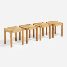 Stools, set of four by Rainer Daumiller, c. 1970, pine, jute, sold Apr 2023