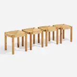 Stools, set of four by Rainer Daumiller, c. 1970, pine, jute, sold Apr 2023
