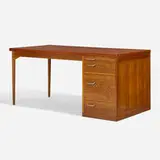 Desk by Hans J. Wegner, c. 1941, teak, oak, plated brass, glass, sold Apr 2023