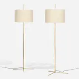 Floor lamps, pair by Svend Aage Holm-Sørensen, c. 1950, brass, linen shades, sold Apr 2023