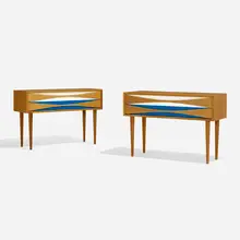 Nightstands, pair by Niels Clausen, c. 1960, oak, lacquered wood, sold Apr 2023