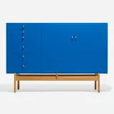 Cabinet by Edvard and Tove Kindt-Larsen, c. 1965, lacquered wood, teak, brass, sold Apr 2023