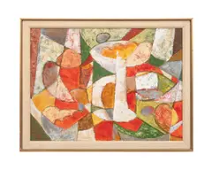 Untitled - Cubist Still Life by Comer Jennings, mixed media on Masonite, sold Feb 2025