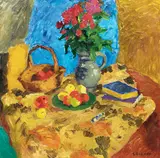 Still Life with Blue Curtains by William Goodridge Roberts, oil on board, sold Jun 2021