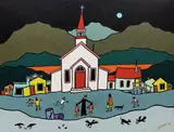 Yukon Priest by Ted Harrison, acrylic on canvas board, sold Dec 2020