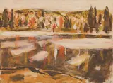 Rain on the River (Morning on the River) by David Brown Milne, oil on canvas, sold Dec 2020