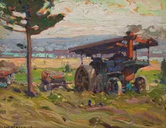 J.W. Beatty, Farm Machinery by John William Beatty, oil on board, sold Jun 2021