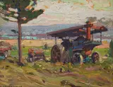 J.W. Beatty, Farm Machinery by John William Beatty, oil on board, sold Jun 2021