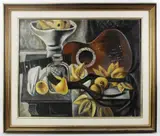 still life with guitar and fruit by Aleksandre Shevchenko, oil on canvas, sold Aug 2023