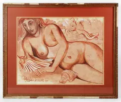 Desnuda Rosada Con Caracolas" (pink nude with shells) by Federico Cantú Garza, gouache on paper, sold Aug 2023