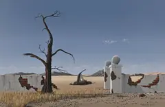 Desert Landscape with Dead Tree and Broken Walls by Martin Layton, 2002, oil on board, sold Mar 2022