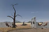 Desert Landscape with Dead Tree and Broken Walls by Martin Layton, 2002, oil on board, sold Mar 2022
