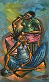 Weaving Hair by Marcel Muyambo Chishimba, oil on canvas mounted on board, sold Mar 2022