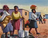 Women Fetching Water by Liso Pemba, 2013, oil on canvas, sold Mar 2022