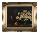 Still Life with White Roses and Copper Vessels by Henry John Dykman, oil on canvas board, sold Mar 2022