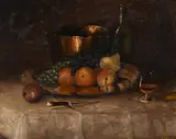 Still Life with Fruit and Copper Vessel by Denzil Herring, oil on canvas mounted on board, sold Mar 2022