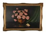 Still Life with Pink Roses and Green Curtain by Henry John Dykman, oil on canvas board, sold Mar 2022