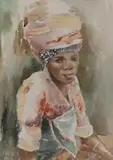 Portrait of a Women in a Headdress by Judy West, watercolour and collage on paper, sold Mar 2022