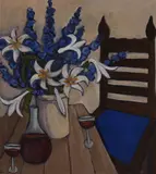 Still Life with Blue and White Flowers by Jay Norman, oil on canvas, sold Mar 2022