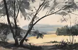 Landscape with Wattle Trees by Rowena Bush, watercolour on paper, sold Mar 2022