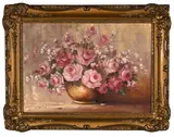 Still Life with Pink Roses by Freda van der Merwe, oil on canvas board, sold Mar 2022