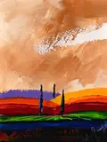 Landscape with Lake and Orange Sky by Paul van Rensburg, oil on board, sold Mar 2022