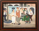 folk art street scene of men playing boule / bacce ball by Henry Dieckmann, acrylic on board, sold May 2023