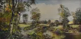 A bridge over a stream leading to a village in Autumn by John Corcoran, oil on canvas, offered Aug 2025