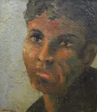Portrait of Tony' signed and dated 64 lower left, and dated Sept 64 to artists stamp verso, within a moulded frame, 58cm x 51cm & 65.5cm x 58cm overall by Geoffrey Coning, oil on board, offered Aug 2025