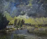 Impressionistic river or estuary scene with boats and by Chris Law, oil on board, offered Aug 2025