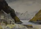 Mountainous landscape with lake and stone by Edwin Grieg Hall, watercolour, offered Aug 2025
