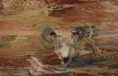 Sheep skull within an abstract surround by David Dridan, gouache, offered Aug 2025