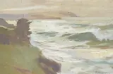 Attractive coastal scene by E. Hunter, gouache, offered Aug 2025