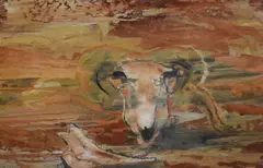 Sheep skull within an abstract surround by David Dridan, gouache, offered Jul 2025